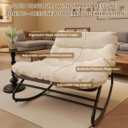 Oversized Papasan Rocking Chair with Cushion, 300 lbs Weight Capacity, Comfortable Indoor Outdoor Lounge Chair for Patio, Garden, Living Room & Bedroom–White
