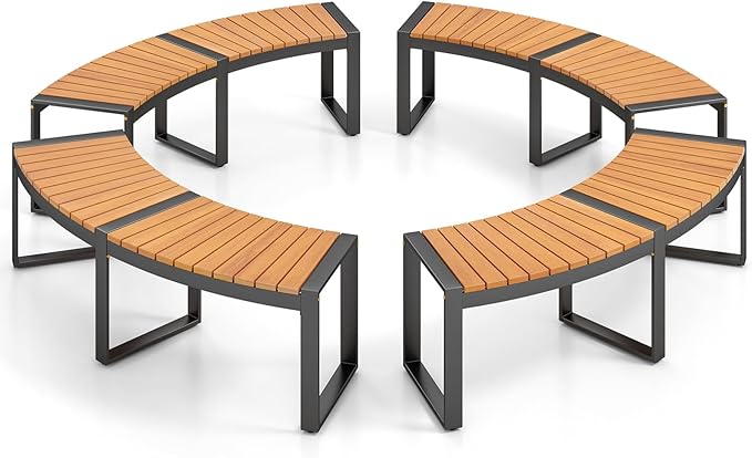 Moccha Outdoor Curved Bench, Acacia Wood Fire Pit Bench w/Slatted Seat, Metal Frame, Loveseat, Outside Chair, Patio Backless 2-Person Seating for Yard Deck Porch 800 LBS Max Load, Oil Painted (4)
