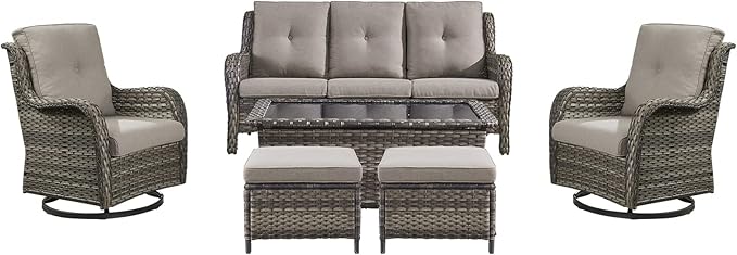 Rilyson Wicker Patio Furniture Set - 6 Piece Rattan Outdoor Sectional Conversation Sets with 2 Swivel Rocking Chairs - Photo 1