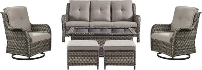 Rilyson Wicker Patio Furniture Set - 6 Piece Rattan Outdoor Sectional Conversation Sets with 2 Swivel Rocking Chairs,2 Ottomans,1 Sofa and 1 Coffee Table for Porch Deck Garden(Mixed Grey/Grey)