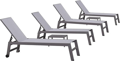 PURPLE LEAF Patio Chaise Lounge Set for 4 Outdoor Chaise Lounge Chair with Aluminum Frame and Easy-to-Move Wheels Pool Lounge Chairs for Deck Yard Poolside Table Included, Light Grey