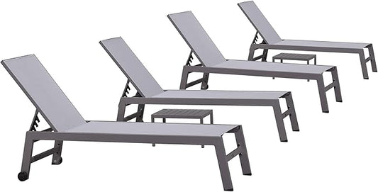 PURPLE LEAF Patio Chaise Lounge Set for 4 Outdoor Chaise Lounge Chair with Aluminum Frame and Easy-to-Move Wheels Pool Lounge Chairs for Deck Yard Poolside Table Included, Light Grey