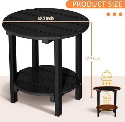 Round Adirondack Outdoor Side Table, 17.7" Small Patio End Table, 2-Tier HDPE Plastic Table for Poolside Porch Garden, Weather Resistant & Easy Assembly (Black)