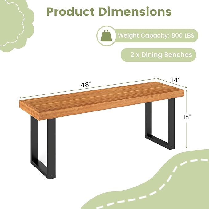 RELAX4LIFE Outdoor Bench Acacia Wood - 48’’ Garden Patio Dining Bench w/Slatted Seat, Metal Legs, 2-Person Backless Picnic Loveseat, Farmhouse Indoor Outdoor Furniture for Entryway Deck Park Porch (2)