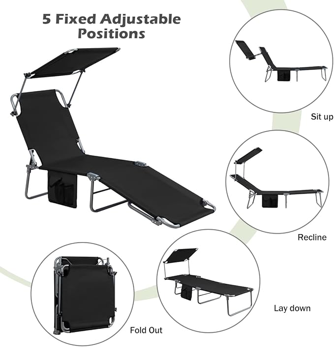 Giantex Tanning Chair, Patio Chaise Lounge Chair with 5 Adjustable Position, Shade Canopy, Storage Pocket, Camping Cot, Outdoor Sunbathing Recliner for Poolside, Lawn Folding Beach Chairs(2, Black)