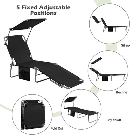 Giantex Tanning Chair, Patio Chaise Lounge Chair with 5 Adjustable Position, Shade Canopy, Storage Pocket, Camping Cot, Outdoor Sunbathing Recliner for Poolside, Lawn Folding Beach Chairs(2, Black)