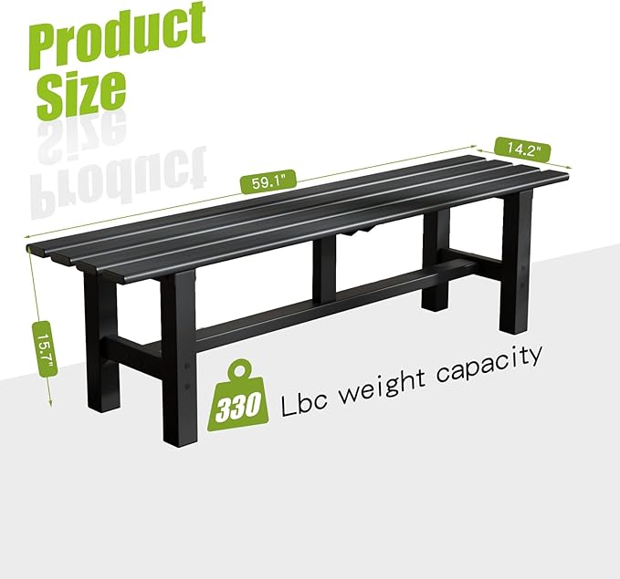 TECSPACE 59 Inches Aluminum Outdoor Weatherproof Bench Backless, 330 LBS Bearing Capacity Garden Porch Bench, Black