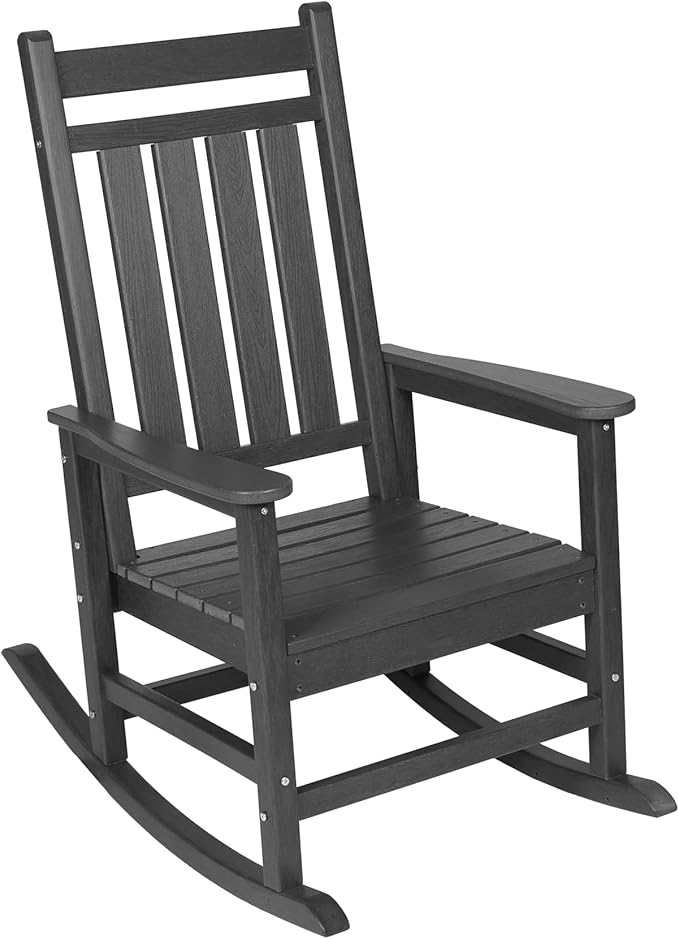 Oversized Rocking Chair with Wood-Texture, Outdoor Rocking Chair for Adults, All Weather Resistant Porch Rocker for Lawn Garden (Grey)
