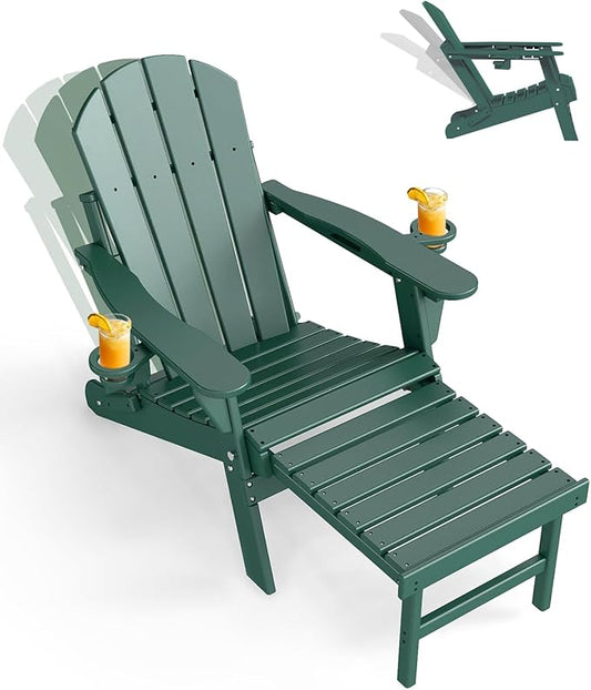 GREENVINES Adjustable Adirondack Chair with Retractable Ottoman | Folding | HDPE Plastic | Fire Pit Chairs w/Foot Rest | 2 Cup Holders | Forest | for Outdoor Patio Poolside Deck