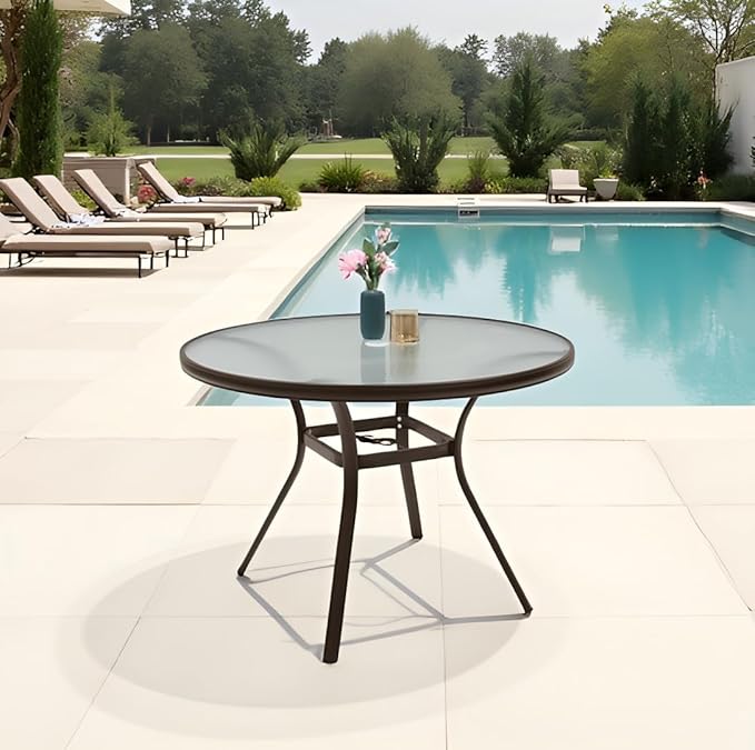 Round Outdoor Dining Table for 4 Person, 40 inch Glass Top, Brown Powder-Coated Frame with Umbrella Hole Outdoor Furniture