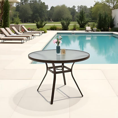 Round Outdoor Dining Table for 4 Person, 40 inch Glass Top, Brown Powder-Coated Frame with Umbrella Hole Outdoor Furniture