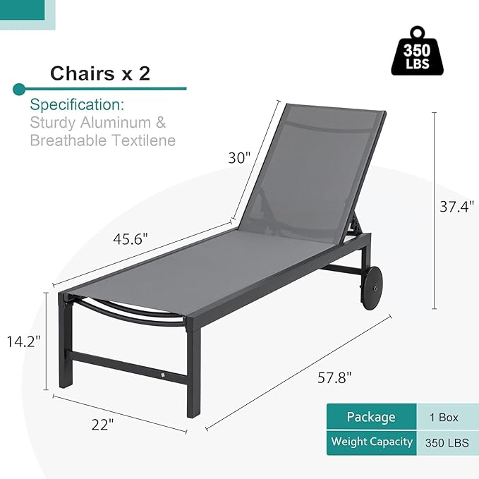 SUNLEI Lounge Chair for Outside Set of 2, Patio Chaise Lounge Outdoor w/ 5-Position Adjustable Backrest, Movable Pool Recliner Lounge Chairs, Tanning Chair for Patio, Light Grey