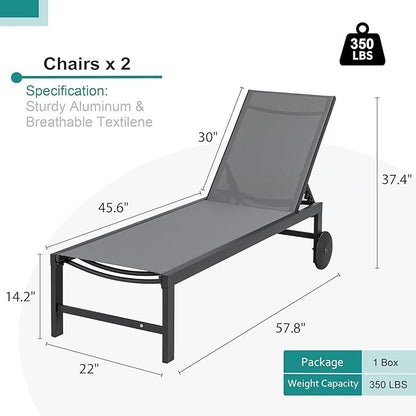 SUNLEI Lounge Chair for Outside Set of 4, Patio Chaise Lounge Outdoor w/ 5-Position Adjustable Backrest, Movable Pool Recliner Lounge Chairs, Tanning Chair for Patio, Light Grey