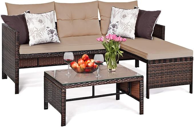 Tangkula Patio Corner Sofa Set 3 Piece, Outdoor Rattan Sofa Set, Includes Lounge Chaise, Loveseat & Coffee Table - Photo 1