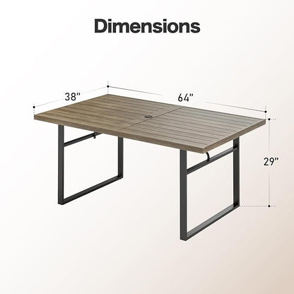 64" Patio Dining Table for 6,Teak Color Rectangle Patio Table with Umbrella Hole,E-Coating and Powder Coating Steel Frame Metal Outdoor Patio Table for Garden Backyard Lawn Yard