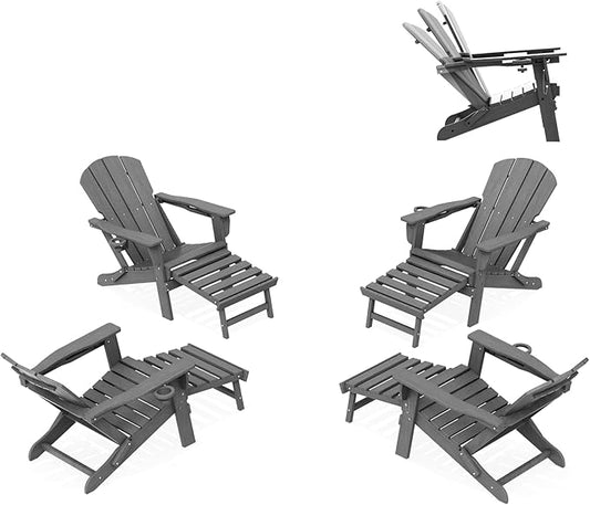 LOUNZY Folding Adjustable Adirondack Chair with Footrest Set of 4,HDPE Recliner Adirondack Chair with Cup Holder for Deck Lawn Fire Pit,Grey
