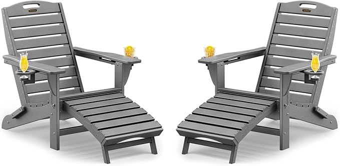 Folding Adirondack Chairs Set of 2,Adirondack Chair with Retractable Ottoman,Plastic Adirondack Chairs with 2 Cup Holder,Weather Resistant Patio Chair,Outdoor Chairs Set of 2(Grey)