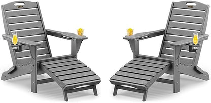 Folding Adirondack Chairs Set of 2,Adirondack Chair with Retractable Ottoman,Plastic Adirondack Chairs with 2 Cup Holder,Weather Resistant Patio Chair,Outdoor Chairs Set of 2(Grey)