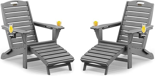 Folding Adirondack Chairs Set of 2,Adirondack Chair with Retractable Ottoman,Plastic Adirondack Chairs with 2 Cup Holder,Weather Resistant Patio Chair,Outdoor Chairs Set of 2(Grey)