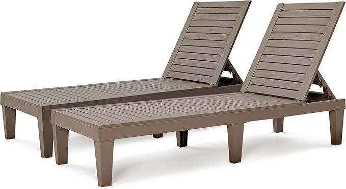BLUU Chaise Lounge Outdoor | Lounge Chairs for Outside|Adjustable with 5 Positions| Wood Texture Design | Waterproof | Easy to Assemble | Max Weight 330 lbs| Pool Lounge Chairs| Set of 2