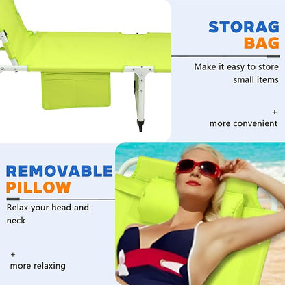 3-in-1 Heavy Duty Tanning Chair with Face Hole Adjustable 5-Position Folding Chaise Lounge Chairs Portable Lay Flat Beach Lounge Chair for Outdoor Sunbathing Patio Pool Lawn Camping Deck (Green)