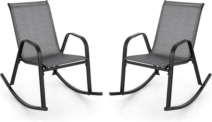 Giantex Outdoor Rocking Chairs Set of 2, Patio Rocking Chairs w/Breathable Seat & Back, Heavy-Duty Metal Support, Ergonomic Outside Rocker for Backyard, Poolside, Garden (1, Grey)