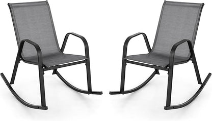 Giantex Outdoor Rocking Chairs Set of 2, Patio Rocking Chairs w/Breathable Seat & Back, Heavy-Duty Metal Support, Ergonomic Outside Rocker for Backyard, Poolside, Garden (1, Grey)