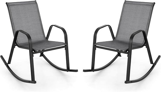 Giantex Outdoor Rocking Chairs Set of 2, Patio Rocking Chairs w/Breathable Seat & Back, Heavy-Duty Metal Support, Ergonomic Outside Rocker for Backyard, Poolside, Garden (1, Grey)