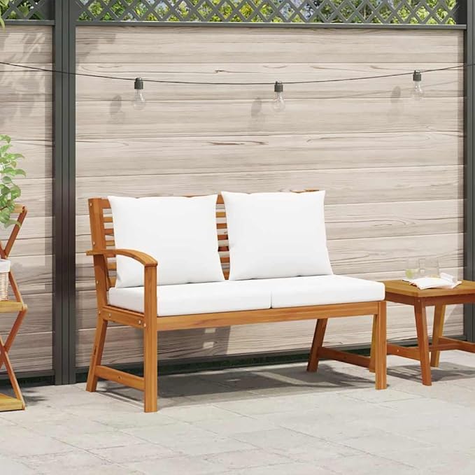 Solid Acacia Wood Garden Bench with Cream Polyester Cushions, Spacious Outdoor Seating for Patio and Balcony - Photo 2