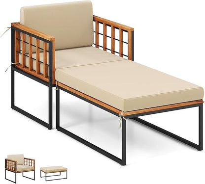 Tangkula Outdoor Chaise Lounge Chair, Acacia Wood Heavy Duty 1200 lbs Weight Capacity Wooded Patio Chair and Ottoman Set for Backyard, Poolside, Garden Deck or Balcony