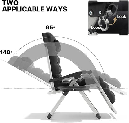 MoNiBloom Reinforced Zero Gravity Chair, Folding Pool Beach Lounger, Portable Tanning Chaise with Cushion, Headrest and Side Tray, 330lbs Capacity - Black