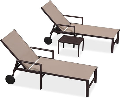 PURPLE LEAF Outdoor Chaise Lounge Chair Set of 2 with Armrests, Aluminum Patio Loungers with Wheels and Adjustable Backrest, Includes Side Table for Deck, Outside, Lawn, Garden, Taupe