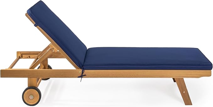 JONATHAN Y LNG1000B Mallorca 77.56"x23.62" Modern Classic Adjustable Acacia Wood Chaise Outdoor Lounge Chair with Cushion & Wheels Coastal, Bohemian, Minimalist, Traditional, Navy/Natural