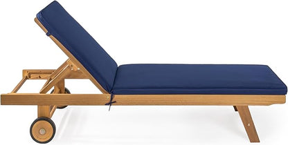 JONATHAN Y LNG1000B Mallorca 77.56"x23.62" Modern Classic Adjustable Acacia Wood Chaise Outdoor Lounge Chair with Cushion & Wheels Coastal, Bohemian, Minimalist, Traditional, Navy/Natural