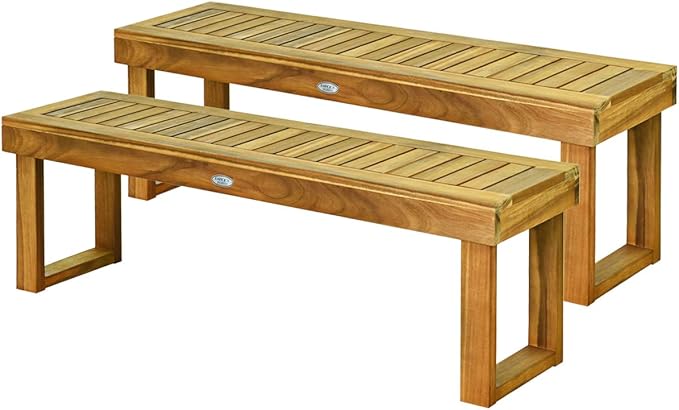 Tangkula 52" Acacia Wood Outdoor Bench Set of 2, Wood Patio Dining Bench with Slatted Seat, Wooden Backless Garden Bench for Outdoors & Indoors, Outside Bench for Deck, Poolside, Yard & Porch