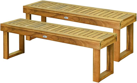 Tangkula 52" Acacia Wood Outdoor Bench Set of 2, Wood Patio Dining Bench with Slatted Seat, Wooden Backless Garden Bench for Outdoors & Indoors, Outside Bench for Deck, Poolside, Yard & Porch