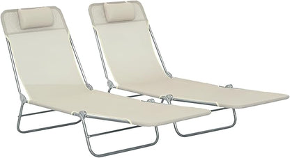 Outsunny 2 Piece Folding Chaise Lounge Chairs, Pool Sun Tanning Chairs with Reclining Back, Breathable Mesh Seat, Headrest for Beach, Yard, Patio, Cream White