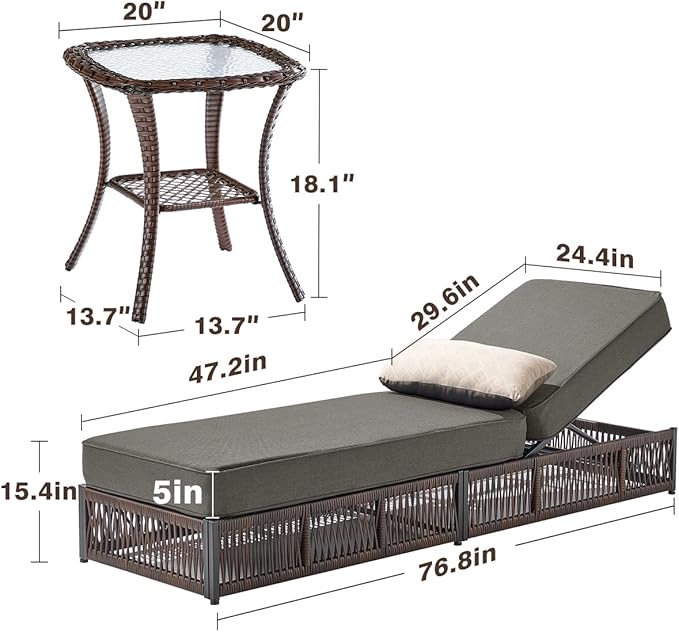 Luxury Outdoor Chaise Lounge Chairs of 4 with 5 Inch Thick Cushions and Side Table - 6 PCS High Back Brown Wicker - Photo 3