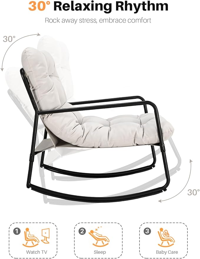 3 Pieces Outdoor Conversation Set, Metal Patio Bistro Set with 2 Outdoor Rocking Chairs and Side Table, Patio Furniture Set with Cushions for Apartment, Porch, Balcony, Poolside, Off-White