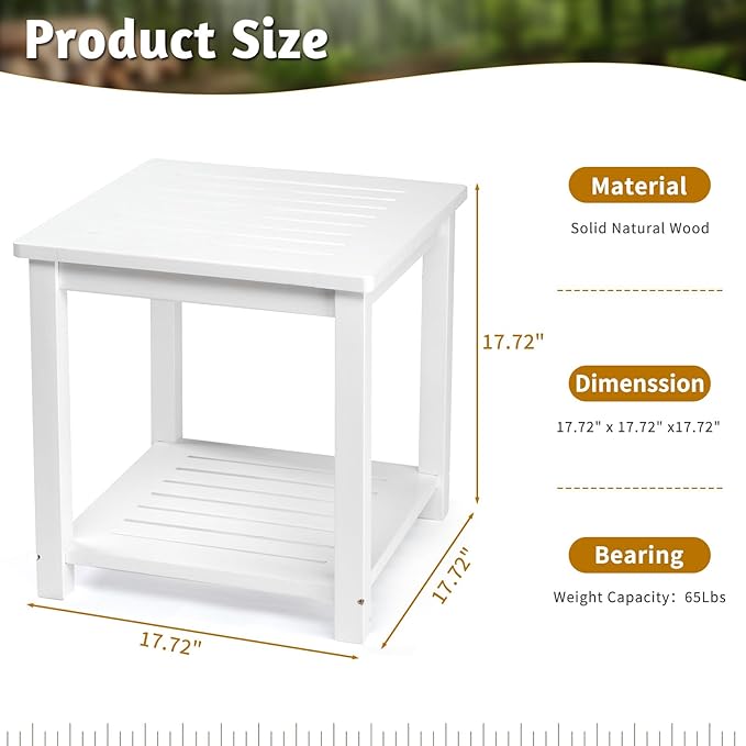 Outvita Patio Small Side Table, Acacia Wood 18 inch Double-Deck Coffee Table with Storage Tier for Living Room, Garden, Balcony, Porch, Deck (White)