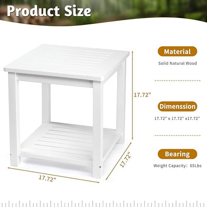 Outvita Patio Small Side Table, Acacia Wood 18 inch Double-Deck Coffee Table with Storage Tier for Living Room, Garden, Balcony, Porch, Deck (White)