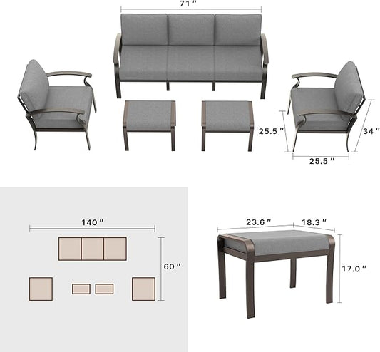Gotland Aluminum Patio Furniture Set, Metal Outdoor Furniture with 2 Ottomans 5.1’’ High-Resilience Seat Cushions, 5 Piece Patio Set, Oversized Outdoor Sectional Patio Conversation Sets, Gray