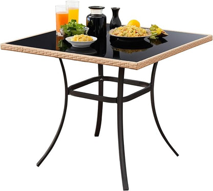 ECOTOUGE 35.2" Square Patio Table, Outdoor Wicker Dining Desk with Tempered Glass Top for 4-5 Persons, Bistro Rattan Furniture Garden Table for Balcony, Backyard, and Sunroom - Black Metal Steel Slat