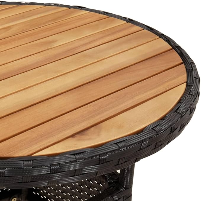 Black Round Garden Dining Table with Acacia Wood and Poly Rattan, Ø23.6 Inch Outdoor Patio Table for Balcony, Durable Steel Frame, Weather Resistant Design, Easy Maintenance