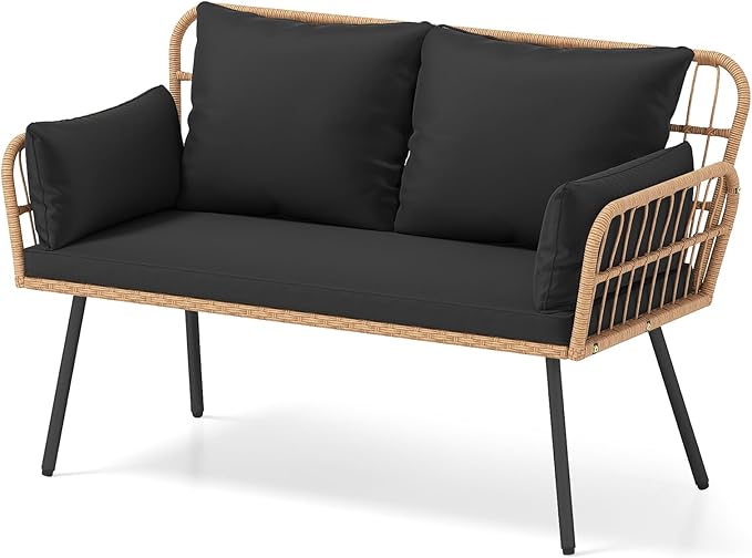 HAPPYGRILL Patio Loveseat Sofa Rattan Wicker 2-Seater Couch with Cushions & Lumbar Pillows, Metal Legs, Outdoor Furniture for Balcony, Porch, Deck (Black)