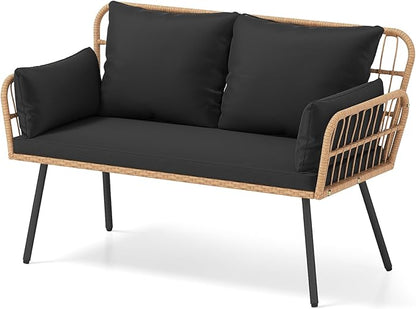 HAPPYGRILL Patio Loveseat Sofa Rattan Wicker 2-Seater Couch with Cushions & Lumbar Pillows, Metal Legs, Outdoor Furniture for Balcony, Porch, Deck (Black)