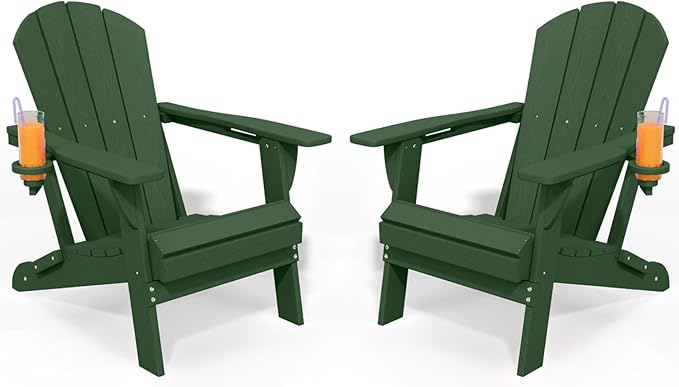Foldable Adirondack Chair with Cup Holder-Heavy Duty Recycled HDPE Outdoor Patio Furniture, Weather Resistant Deck Lawn Fire Pit Chair (Dark Green, 2 Chair)