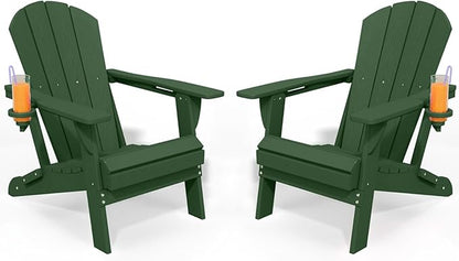 Foldable Adirondack Chair with Cup Holder-Heavy Duty Recycled HDPE Outdoor Patio Furniture, Weather Resistant Deck Lawn Fire Pit Chair (Dark Green, 2 Chair)