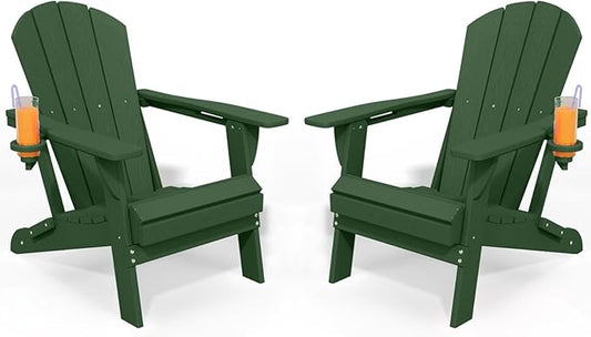 Foldable Adirondack Chair with Cup Holder-Heavy Duty Recycled HDPE Outdoor Patio Furniture, Weather Resistant Deck Lawn Fire Pit Chair (Dark Green, 2 Chair)