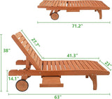 Outvita Outdoor Wooden Chaise Lounge Chair, 62" Longer Sun Lounger Recliner with Adjustable Backrest and Wheels - Photo 3